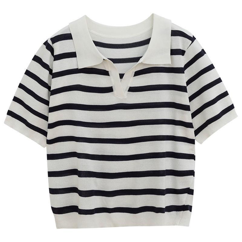 Striped Knitted Sweater Polo Collar Short Style All-match Short-sleeved T-shirt Women Xia Bingsi High-end Lapel Top Women