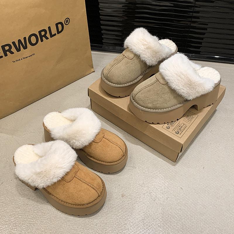 Mao Mao bag head slippers women's 2025 winter new outer wear thick-soled heightening velvet cotton shoes fur integrated snow boots
