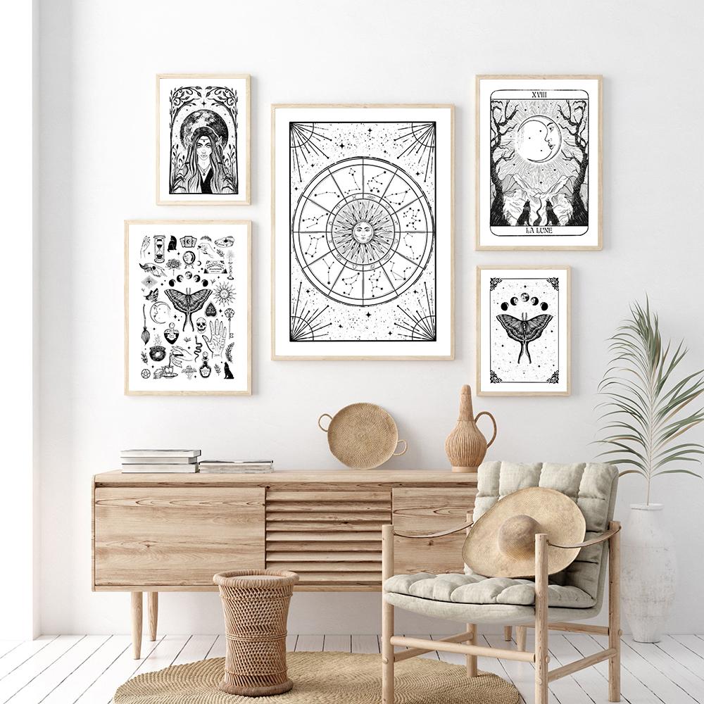 Moon Tarot Card Zodiac Chart Wall Art Mural Retro Occult Tattoo Flash Sheet Canvas Painting Witchy Palmistry Posters Wall Decor