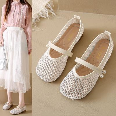 Damen Mary Jane Schuhe 2026 Sommer Netz Atmungsaktiv Bequem Freizeit Schuhe Hohl Schnürung Französisches Kleid Perlen Mode Damenschuhe