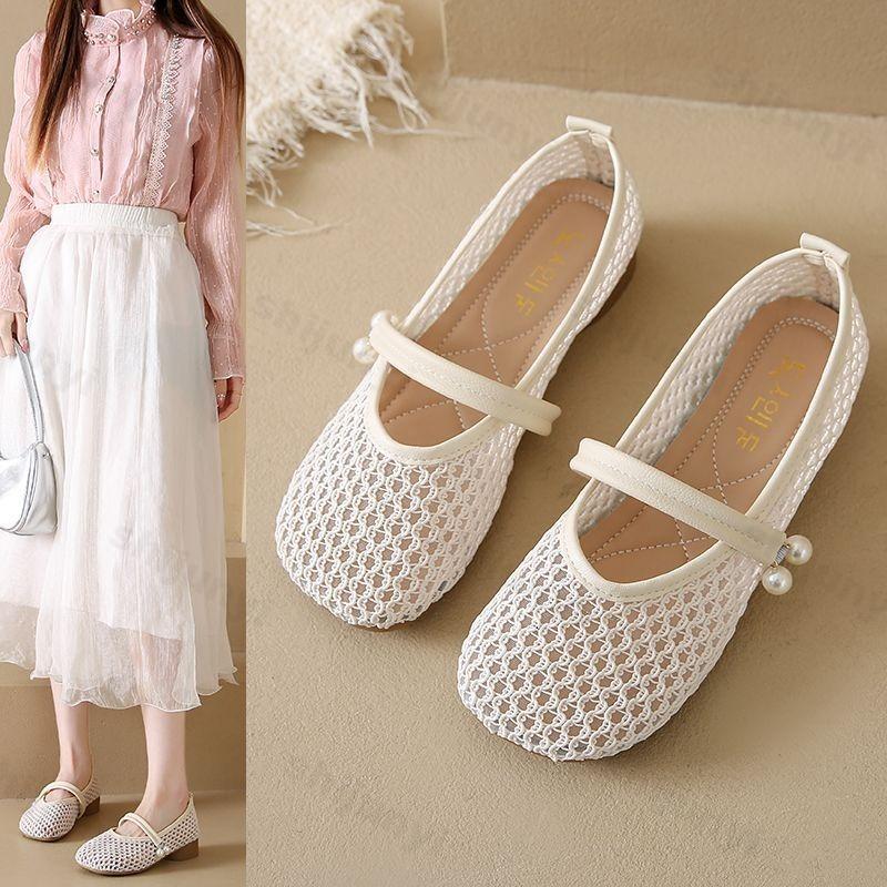 Fashion Women Mary Jane Shoes 2025 Summer Mesh Breathable Comfortable Casual Shoes Hollow Out French Dress Pearl Fashion Women's Shoes
