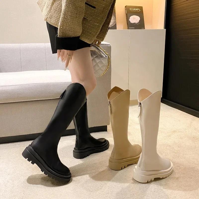 Fashion Elastic High-Cut Boots Women's Spring Autumn round Toe Thick Heel Knight Style Knee-High Boots Comfortable Breathable Leather