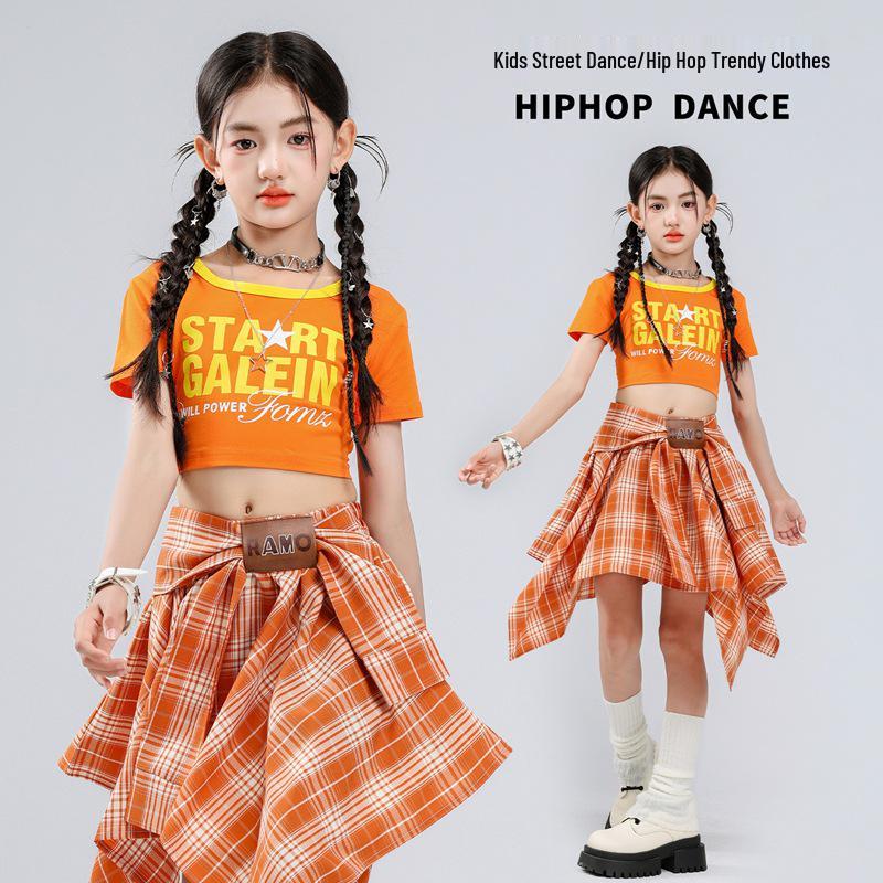 Costum de Dans Jazz Stil Coreean pentru Fete - Set Top Scurt & Fustă în Carouri