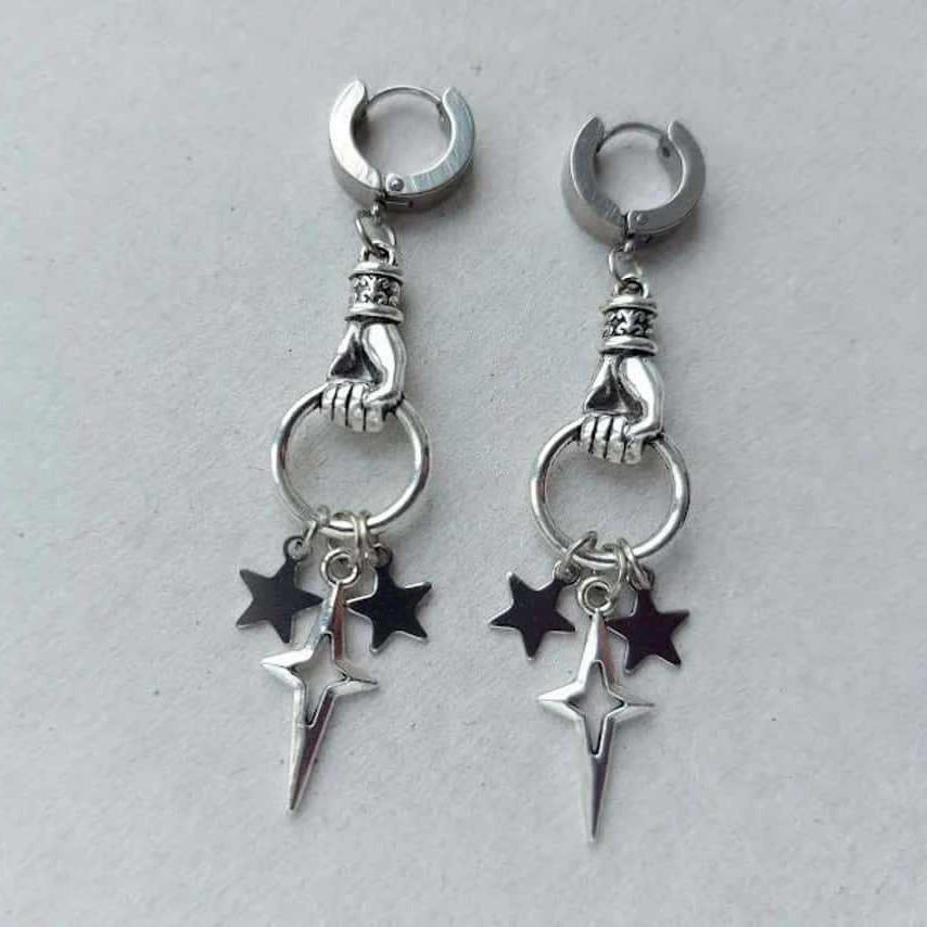 

Hip-hop Punk Sliver Color Stainless Steel Hand Pull Ring Star Tassels Pendant Hoop Earring for Women Halloween Goth Y2K Jewelry