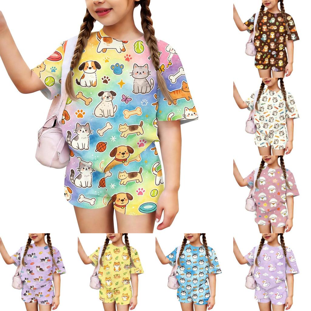 Kids Casual Short Sleeve Top and Shorts Set Animal Print Lightweight Breathable Summer Outfit for Boys and Girls Soft Fabric