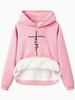 European Size Fleece Lined Women's Hooded Sweatshirt with Kangaroo Pocket and Cross Print - Long Sleeve, Autumn/Winter