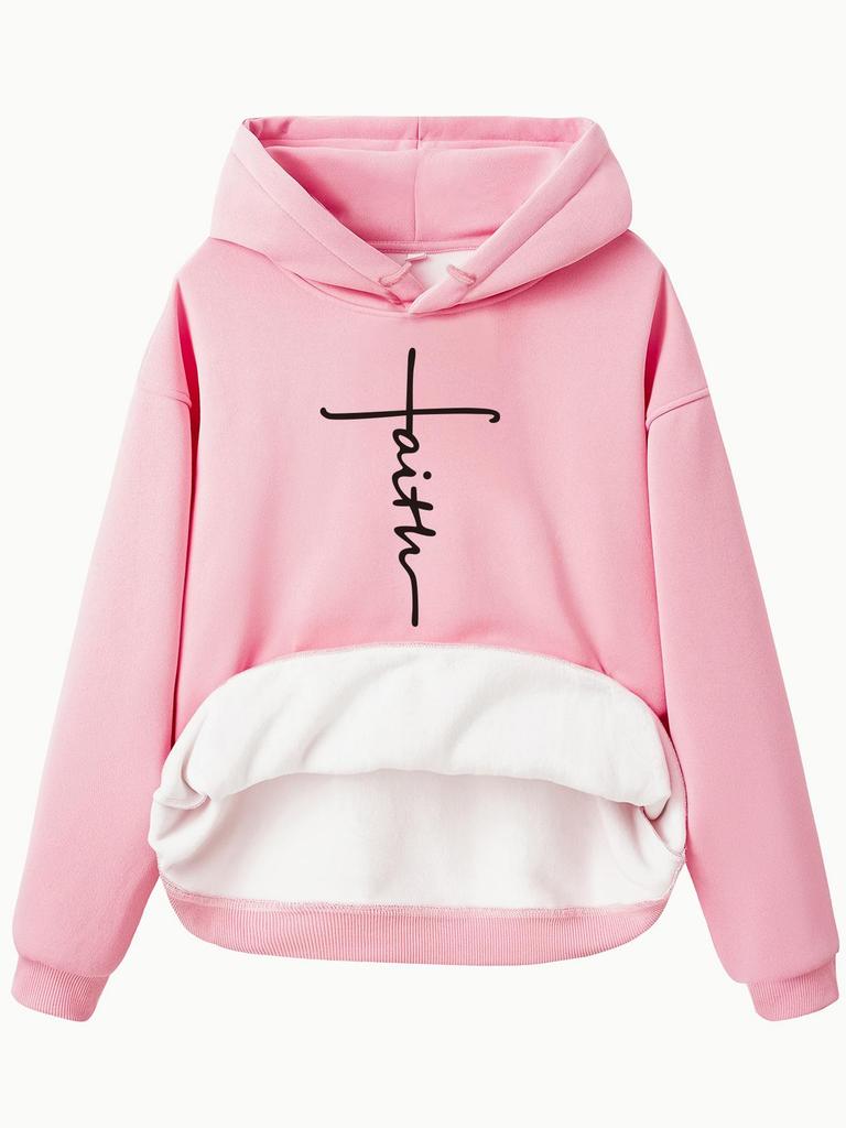 European Size Fleece Lined Women's Hooded Sweatshirt with Kangaroo Pocket and Cross Print - Long Sleeve, Autumn/Winter