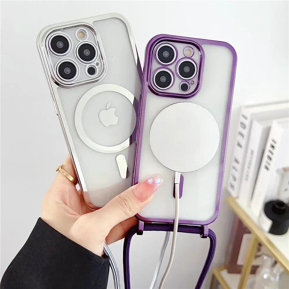 Crossboby Lanyard Plating Clear Phone Case For iPhone 16E 16 15 14 13 12 Pro Max For Magsafe Magnetic Necklace Cord Rope Cover