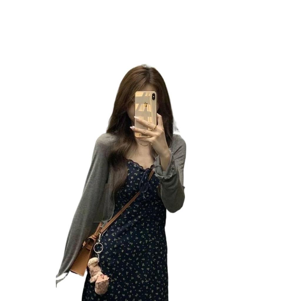 Women's Floral Print Spaghetti Strap Dress & Cardigan Set - Summer 2026 Style, Waist-Cinching Long Dress, Thin Outerwear Two-Piece.