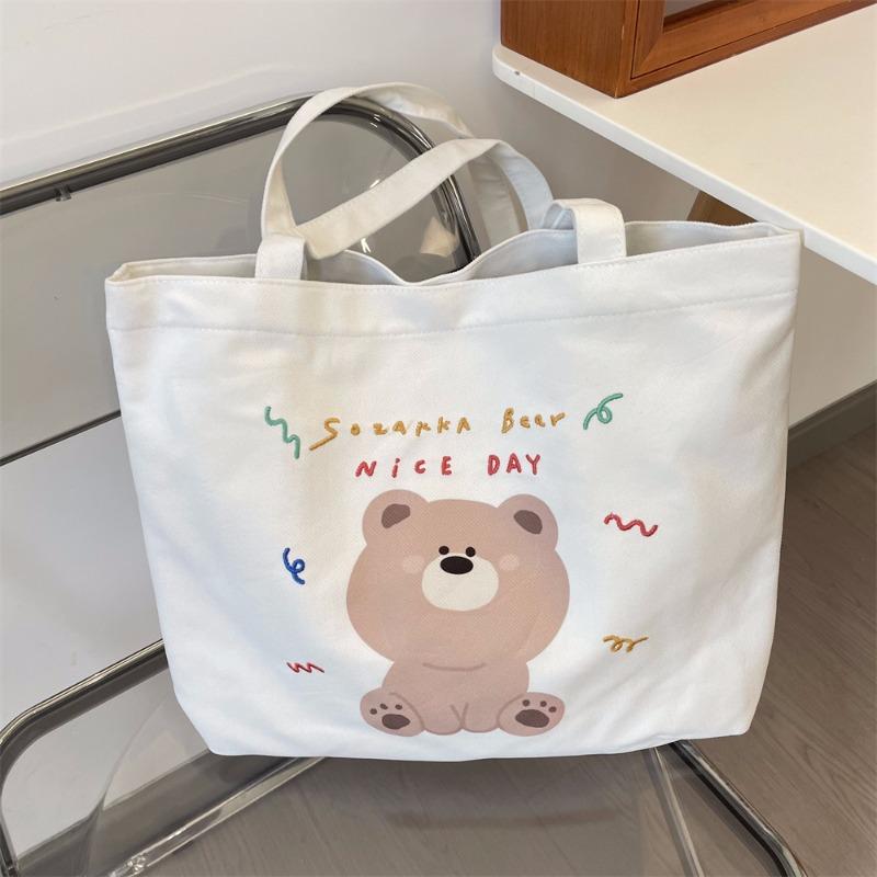 Large Capacity Tote Bag Women's New Trendy Cartoon Bear Printed Shopping Bag Shoulder Bag Canvas Bag