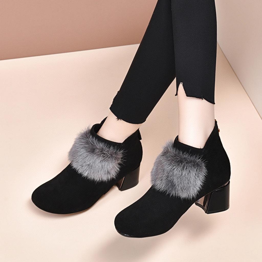 Fashion fluffy women's boots autumn and winter new sheepskin mink hair round head high heel fashion boots velvet women's short boots