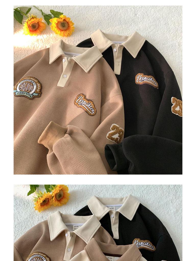 Męska bluza polo waflowa: Modny Haftowany Kołnierz, Styl Retro Amerykański, Ciężka Kurtka z Długim Rękawem na Wiosnę i Jesień