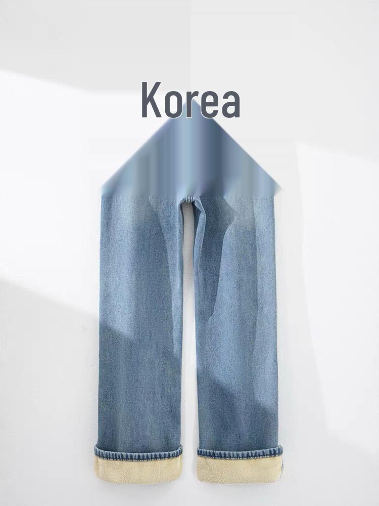 Women's Retro Light Blue Velvet Wide-Leg Jeans, Winter High-Waisted Slimming Pants
