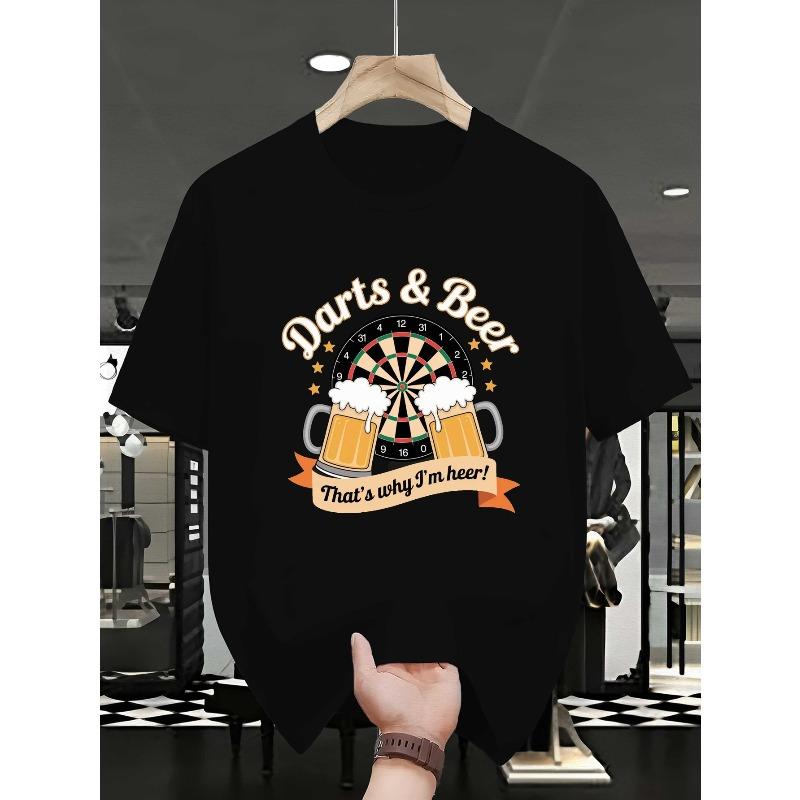 European sizes Men's Funny Darts & Beer Party T-Shirt - Dart Board & Pint Glass Print with Dart Throwing Competition Design