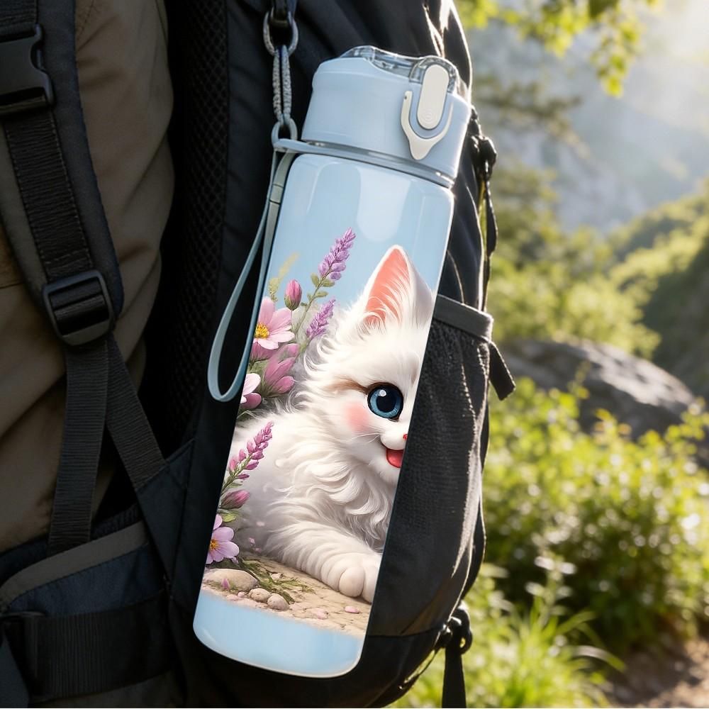1PC Kitten Cat With Pink Floral Print 750ml Color Plastic Sports Water Bottle Leakproof Flip Straw Lid Suitable for Sports Office Home Use