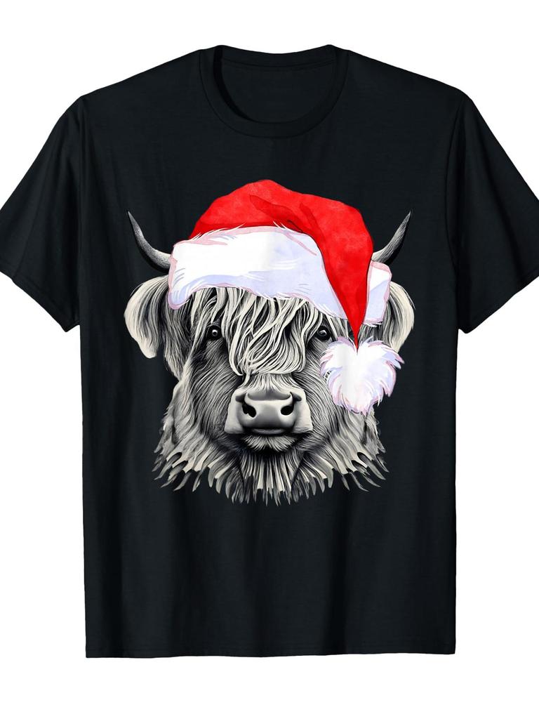 Unisex T-shirt Christmas Cow Scottish Christmas Highland Cow Santa Hat T-Shirt