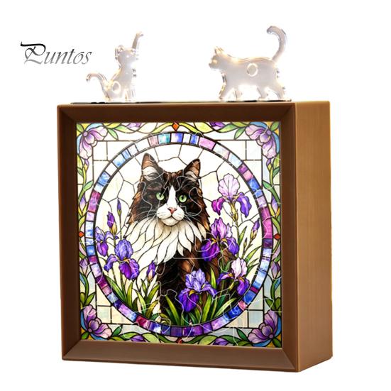 Wooden Photo Frame Base DIY Acrylic Cat Puzzles Night Light, Hand-Assembled Stained Glass Style Jigsaw Lamp with Personalized Handmade Presents Decor,