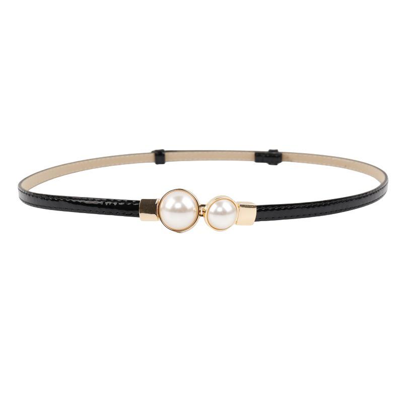 Pearl Black Leather Waist-Cinching Belt for Women - Stylish and Versatile Thin Waistband