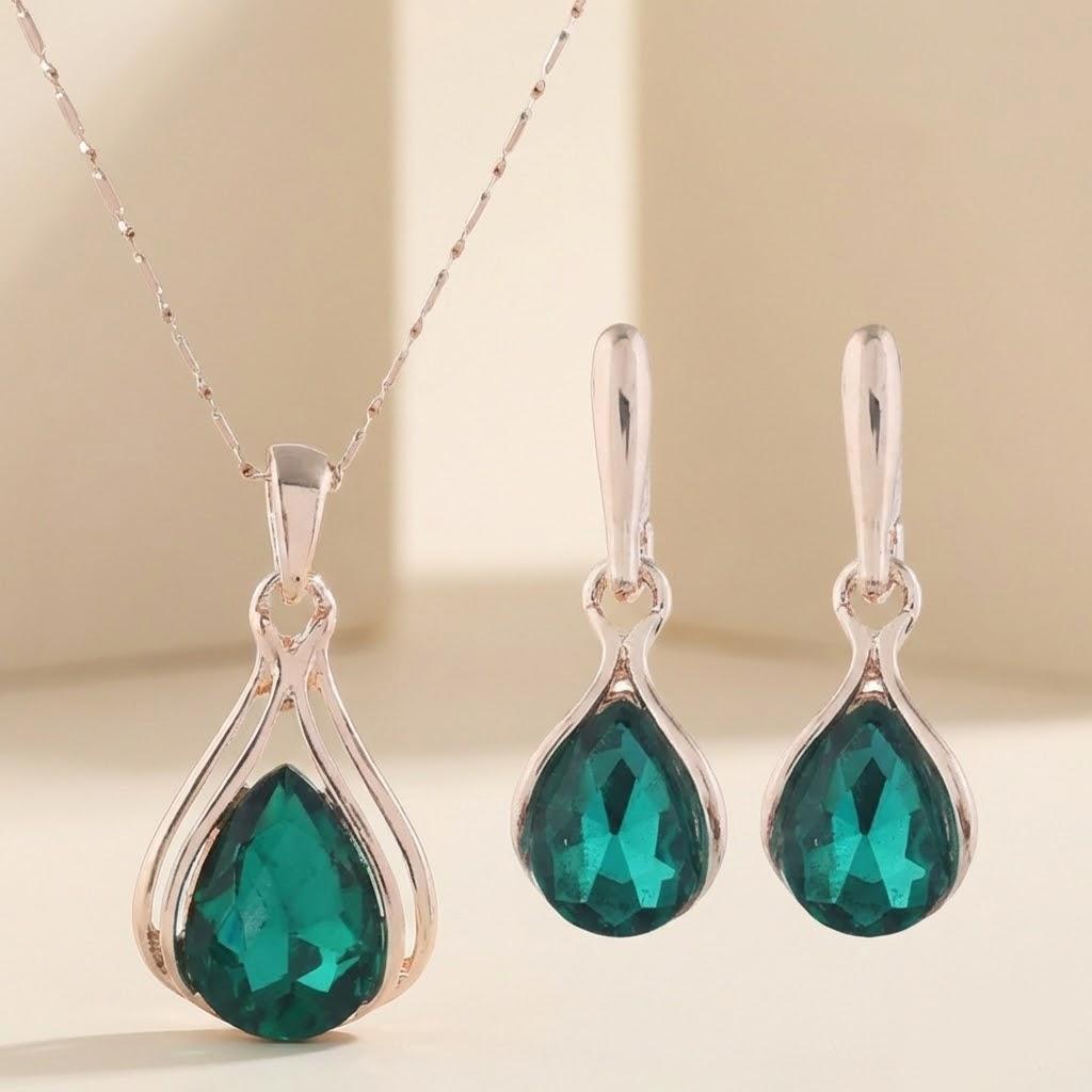

Luxury Women Water Drop Necklace Earring Jewelry Set Fashion Party Accessories 3 Piece Set зелений