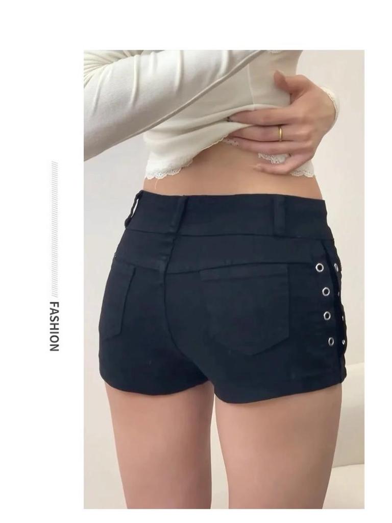 Women's Low-Waist Black Denim Rivet Shorts - 2026 Summer A-Line Trend