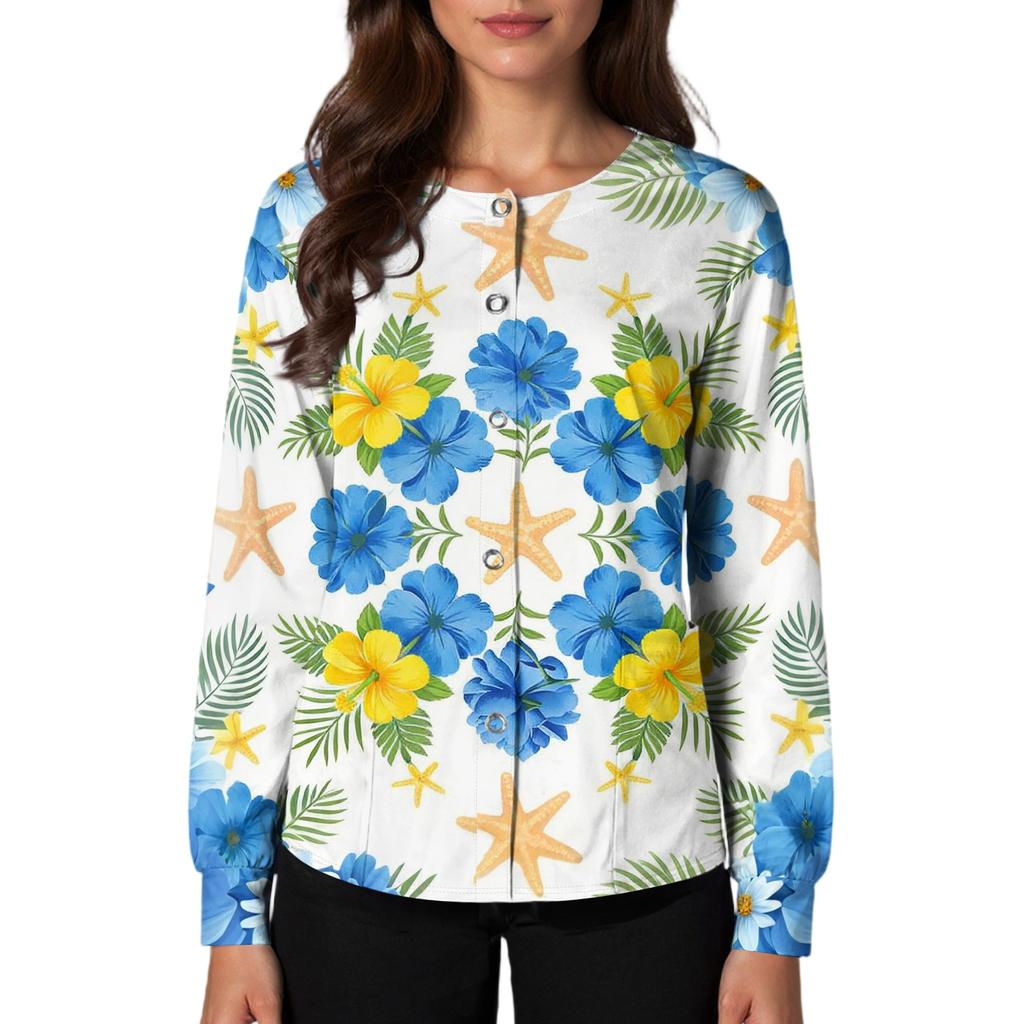 Women's Casual Long Sleeve Single Breasted Hawaiian Floral Print Nurse Jacket Cardigan Top Lightweight Comfortable Workwear