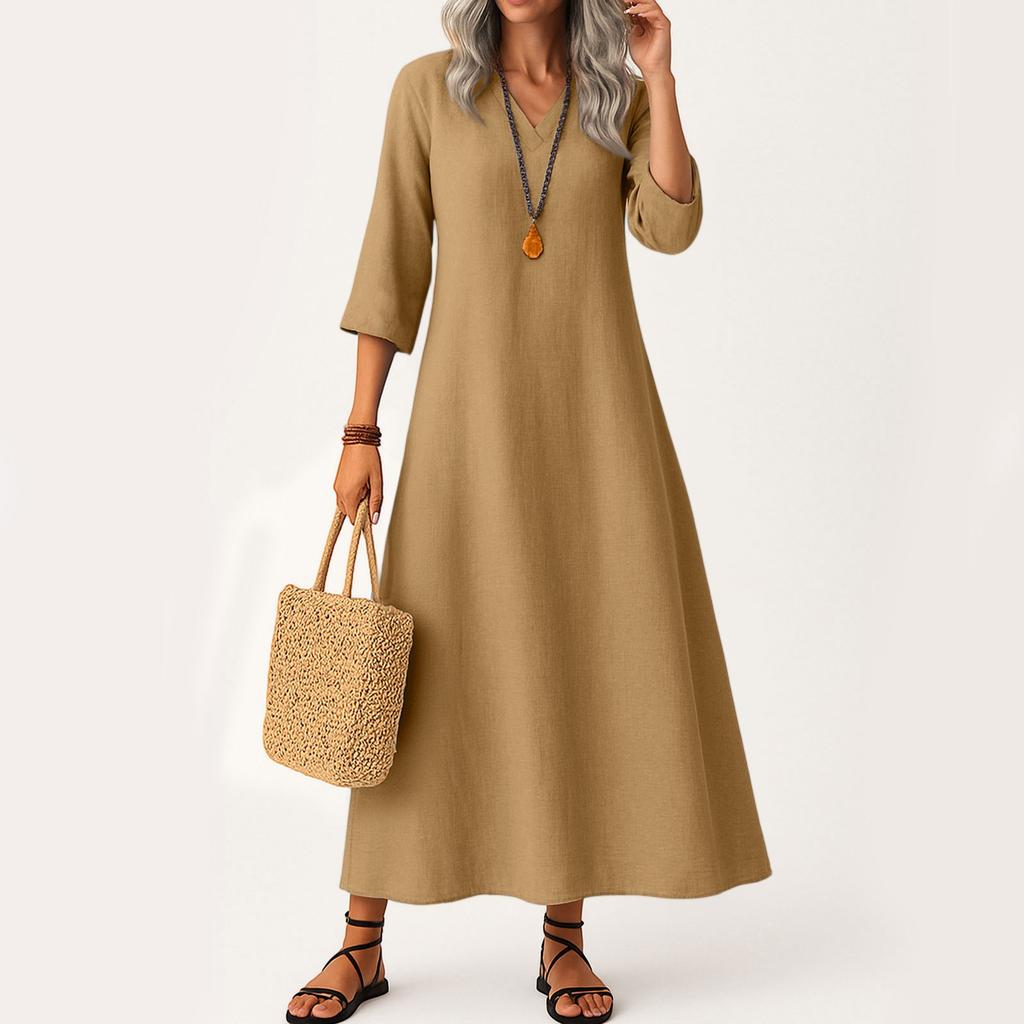 Dress For Women Long Boho Beach Dress Elegant Maxi Dress V-Neck 3/4 Sleeve Dress With Pockets