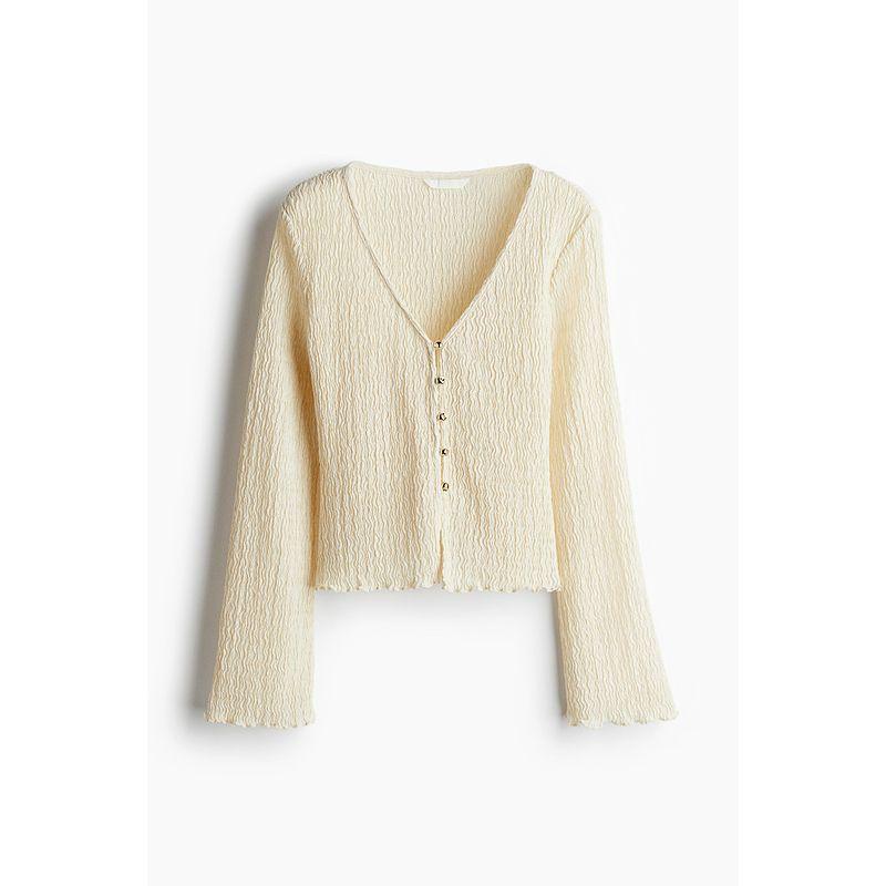 

HM Women s T-shirt 2025 Fall New Arrival Silm Deep V Neck Textured Metal Button Long Sleeves Tops 1283685