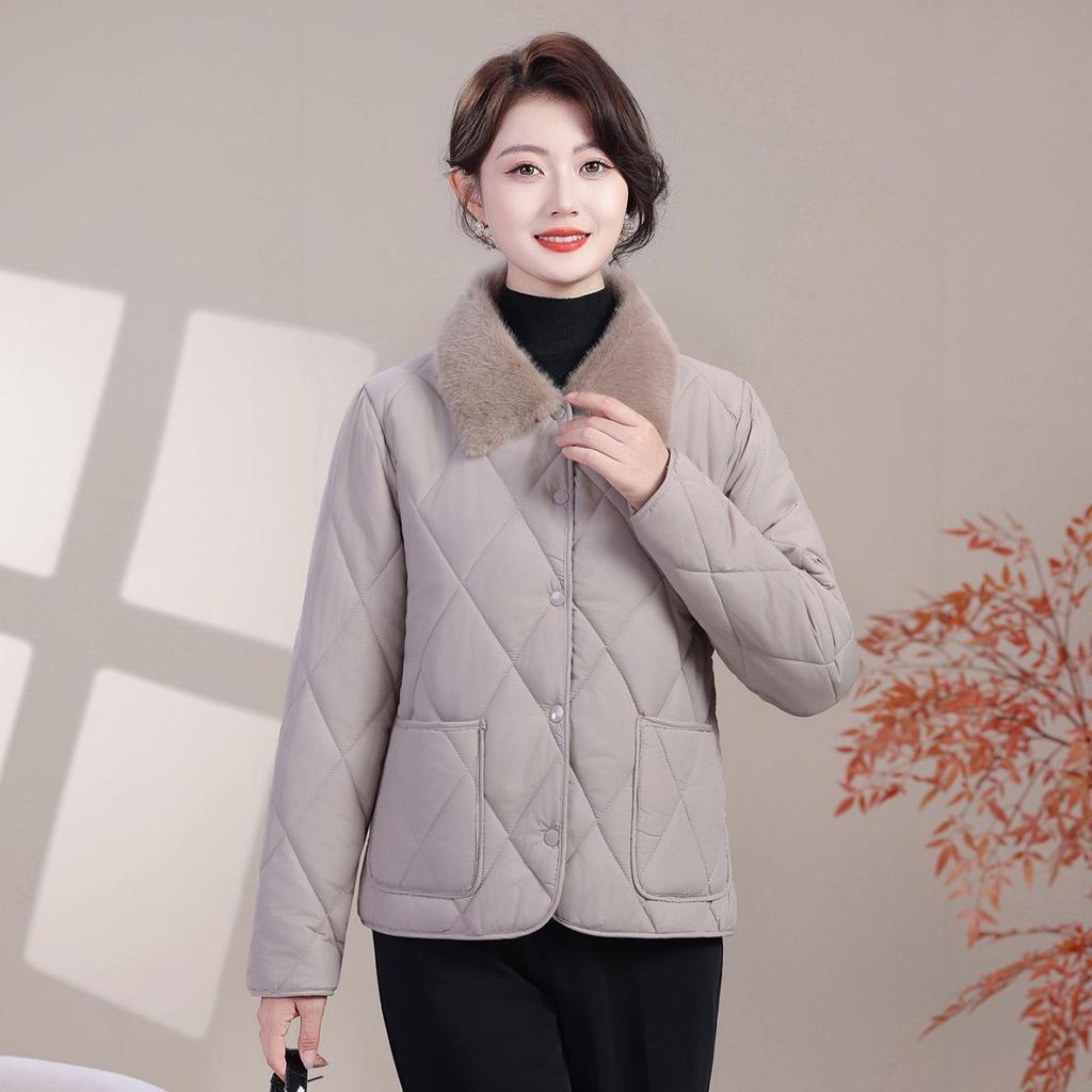 Warm Cotton Lapel Jacket with Fur Collar for Middle-aged & Elderly Women - Loose, Plus Velvet, Thickened Winter Outerwear