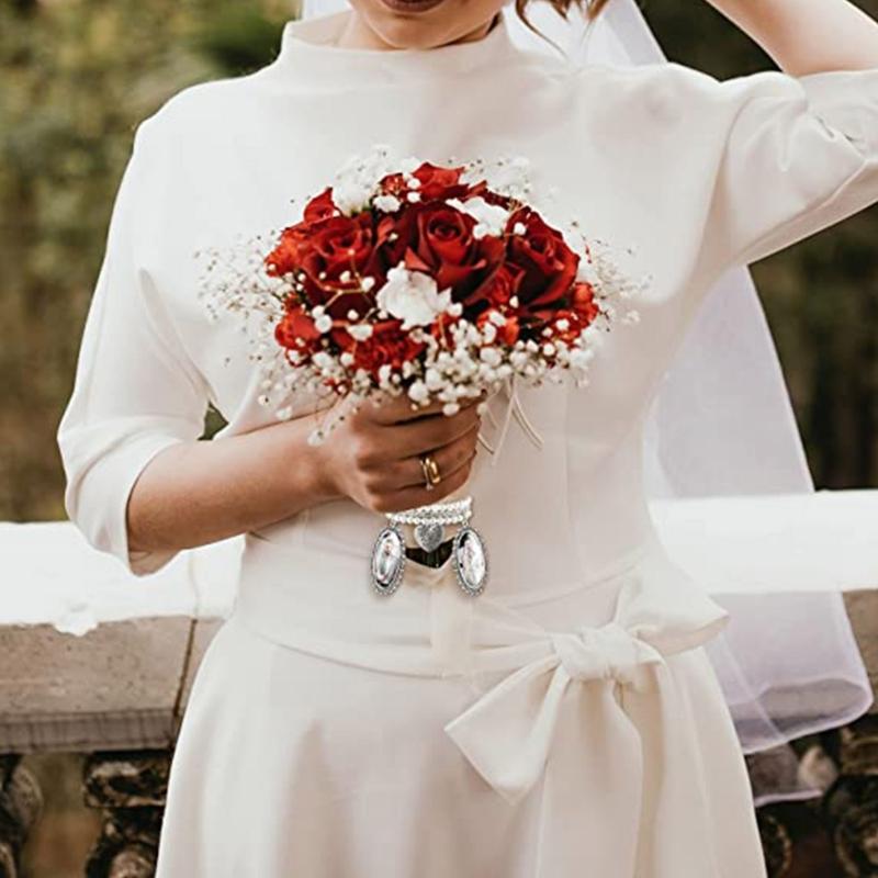 Armreif mit Bouquet-Bildanhänger, ovalem Glas-Cabochon, Hochzeitsfoto-Anhänger, herzförmigem Anhänger und Perle für Brautparty