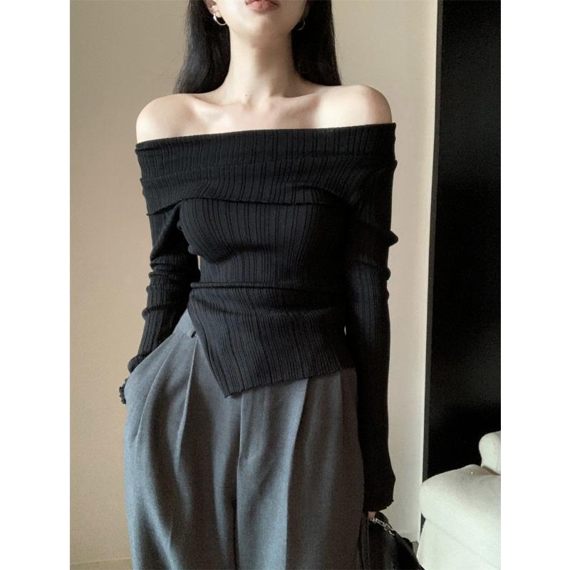 Autumn Winter One Word Collar Slit Irregular Sweater Women Long Sleeve Off the Shoulder Knitting Bottomed Top