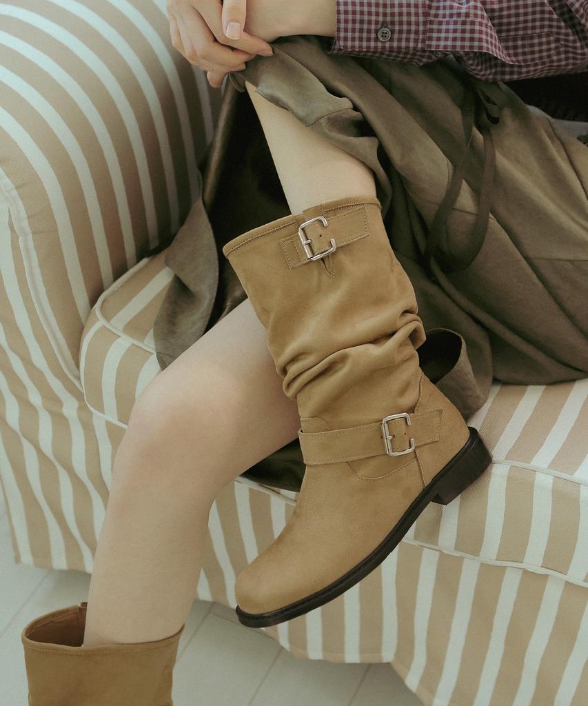 Fri Fla Ljh5009 Buckle Detail Shirring Mid Boots (Suede) - 2 Colors