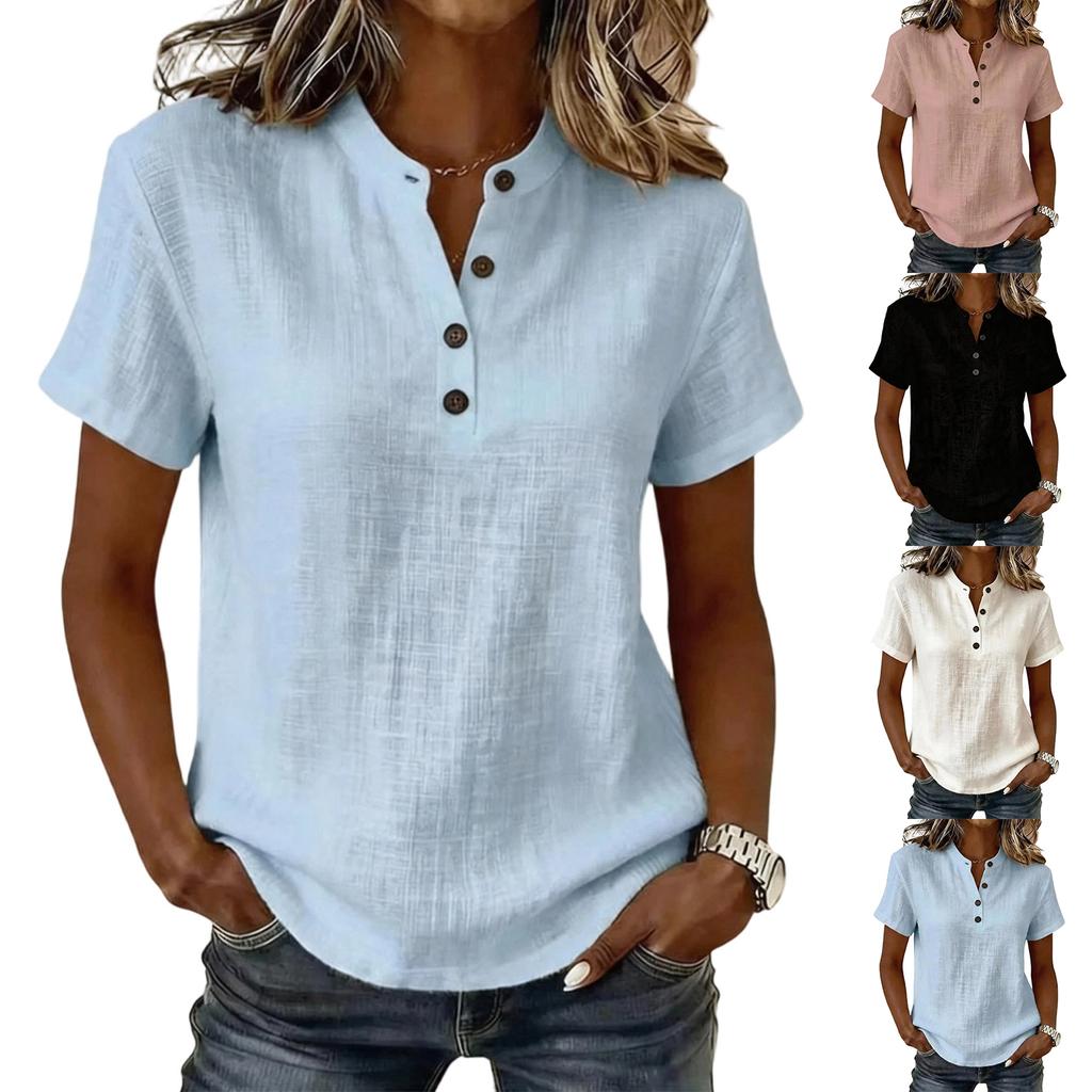 T-shirt/Blusa Casual da Donna a Maniche Corte con Scollo a V, Abbottonatura Frontale, Traspirante, Vestibilità Rilassata, Larga per l'Uso Quotidiano