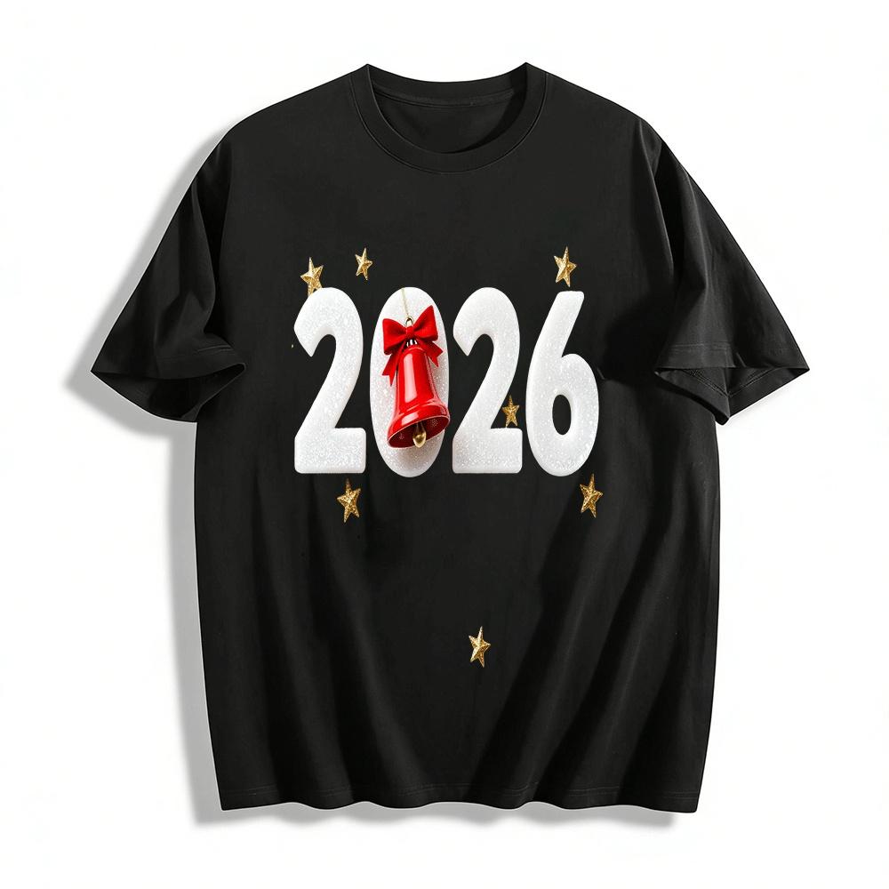 2026 New Year Glitter Number Bell Print Casual Top Pure cotton T-shirt XXS