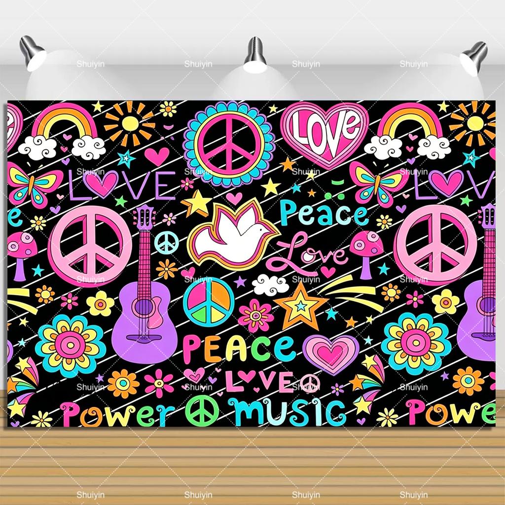 Colorful Peace Love Retro Hippie Bus Dyed Backdrop Kids Birthday Party Decorations Bohemian Style Guitar Floral Photography Prop