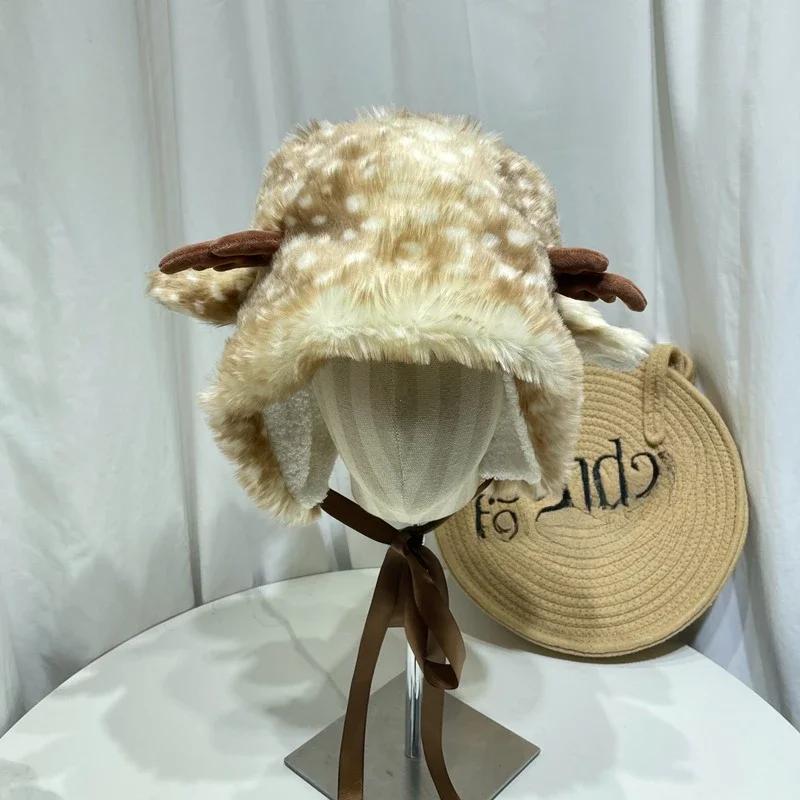 New Christmas Deer Plush Lace-up Pullover Hat Women Sweet Cute Antlers Keep Warm Beanies Winter Plush Ear Protection Bucket Cap