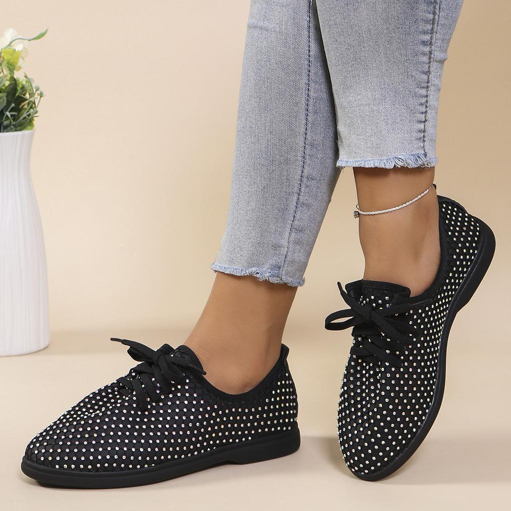 Foreign trade large size women's shoes 2024 autumn rhinestone casual front lace-up sports single shoes women's shallow mouth pointed single shoes