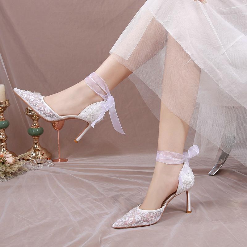 Fashion French Style White Wedding Shoes Small Luxury Feeling Baotou Sandals Female Summer Lace Mesh Hollow High Heel Bride Single Shoes