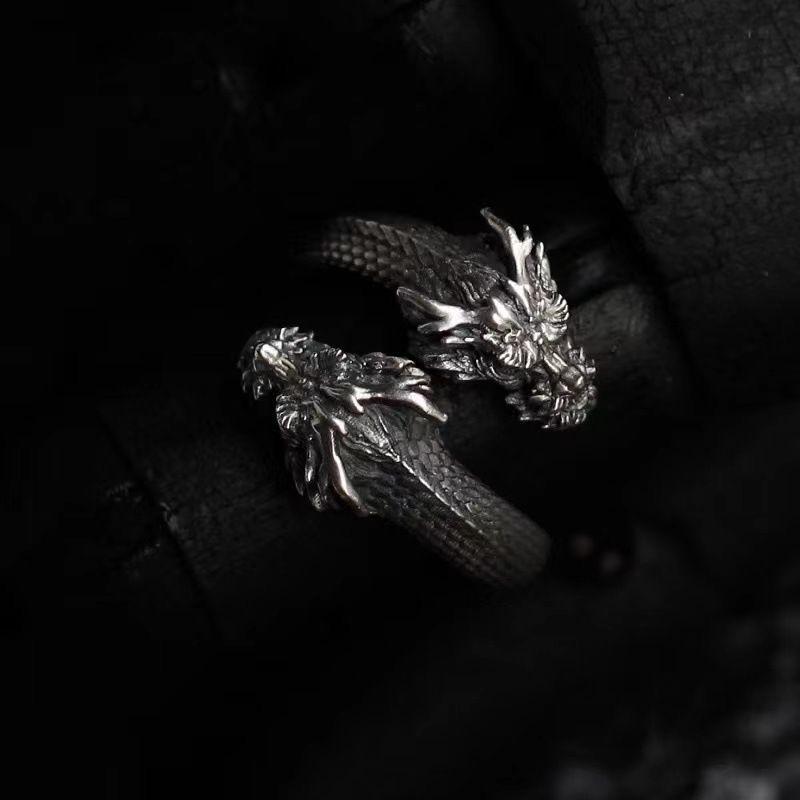 Imitation Ring Unisex Ring Niche Design High-End Double-Headed Dragon Panlong Jewelry National Trend Premium Durable