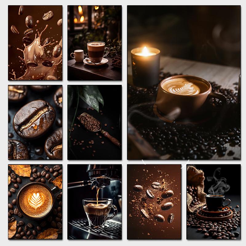 Coffee Cup And Beans Photograph Posters Delicious Coffee Latte Breakfast Prints Canvas Painting Wall Art Picture Home Room Decor
