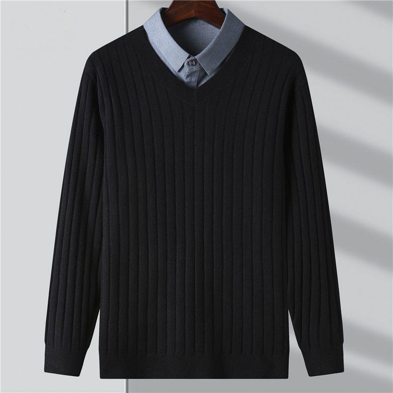 Korean Trend Fashion Autumn Winter Sweaters Men Solid V-Neck Screw Thread Smart Casual Long Sleeve Slim Pullovers Knitted Tops