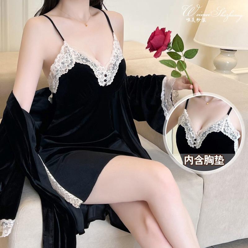 Sexy female autumn and winter new velvet slit suspender pure desire suspender nightgown set