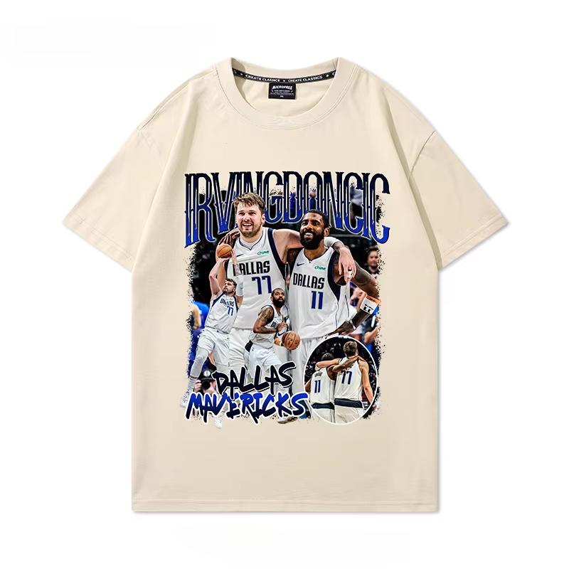 Dallas Mavericks Kyrie Irving Luka Doncic Print Pure Cotton Short Sleeve T-Shirt, American Vintage Basketball Trendy Casual Summer T-shirt