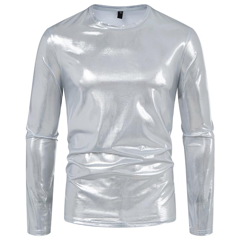 Cozy Up Men's Party Stage Glossy Long-sleeved Round Neck T-shirt