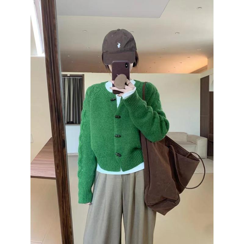 New retro horn button sweater jacket for women's casual simple crew neck cardigan jacket for women