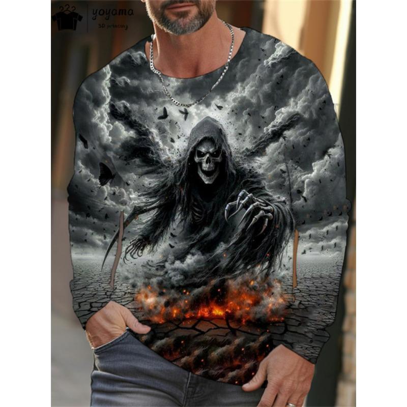 Skull Print Men's Clothing Casual 3D Print Men's Long Sleeve T-shirt Mens Clothing Vintage T Shirt Men Skull Graphic T Shirts