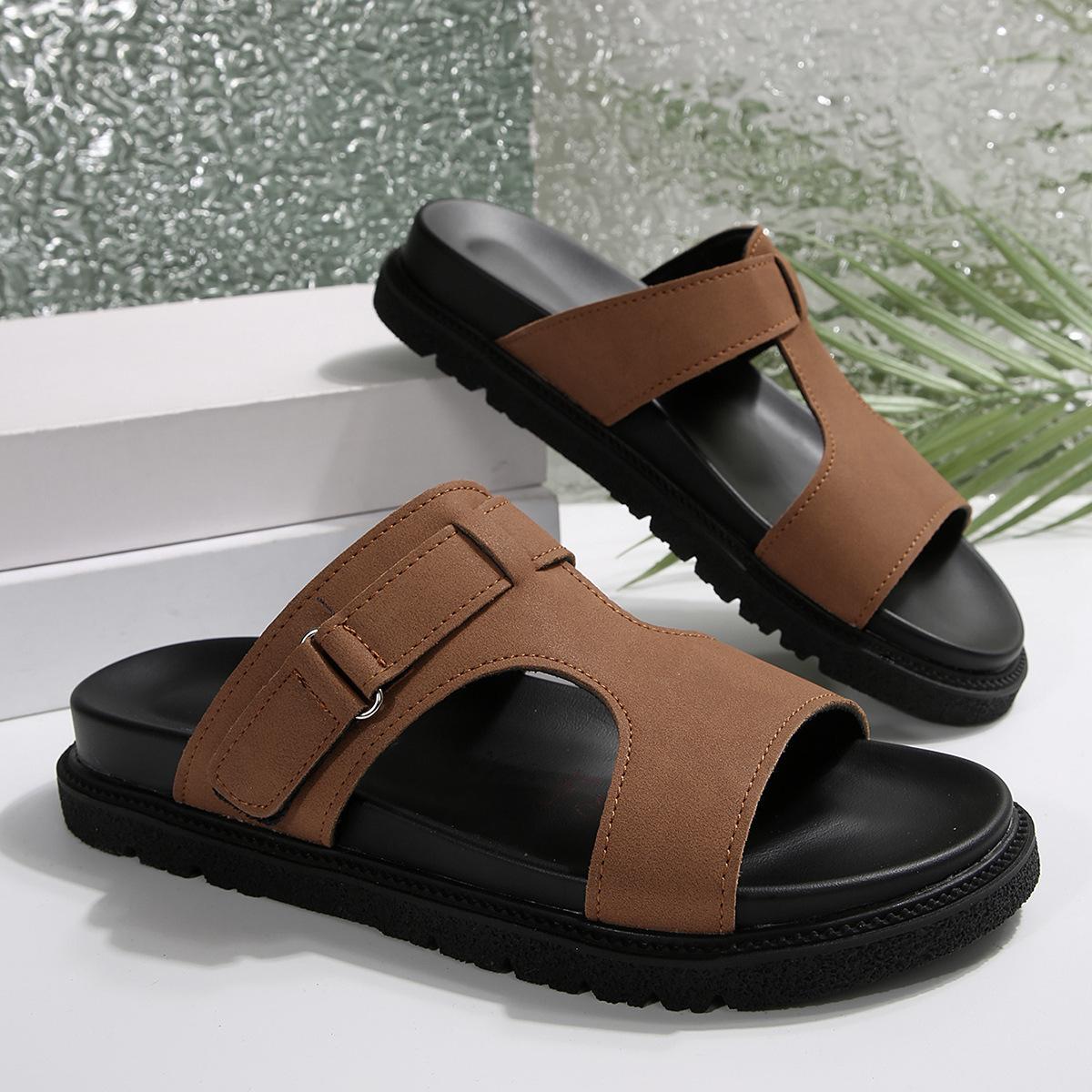 

2025 лето европейские и американские пляжные шлепанцы с открытым носком большого размера, заклепка-пряжка, толстая подошва, уличные тапочки, женские 43 коричневый