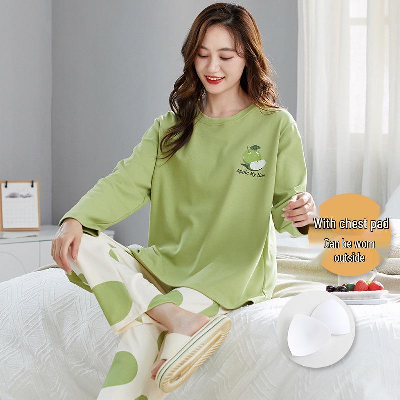 2025 Women's Long Sleeve Cotton Pajamas with Cartoon Design & Breast Pads - Versatile for Home or Outdoor Wear In Spring, Autumn, and Winter.