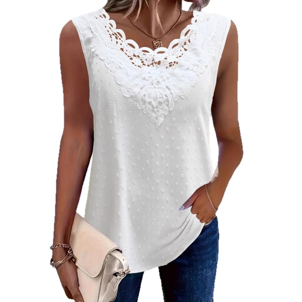 Spring Summer Women's V-neck Sleeveless Lace Trim Tank Top, Casual Fashion Vest Tee for Women, Crossborder Ladies Casual Tops
