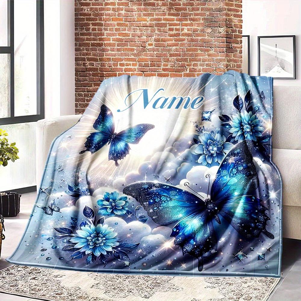 Home Customize Your Name Blue Butterfly Flower Sparkle Blanket Comfortable Soft Lightweight Allseason Multipurpose Blanket For Picnics Sofas Offices
