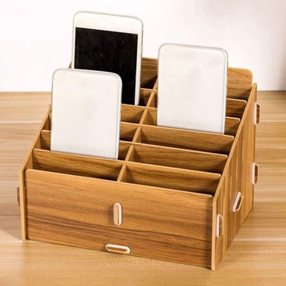 Wood Desktop Storage Box Detachable Multifunctional Phone Holder Easy to Install 12/24-Grid Phone Management Storage